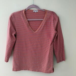 Escada Sport Womens Red Orange Striped V-Neck Long Sleeve Top Size L Cotton‎